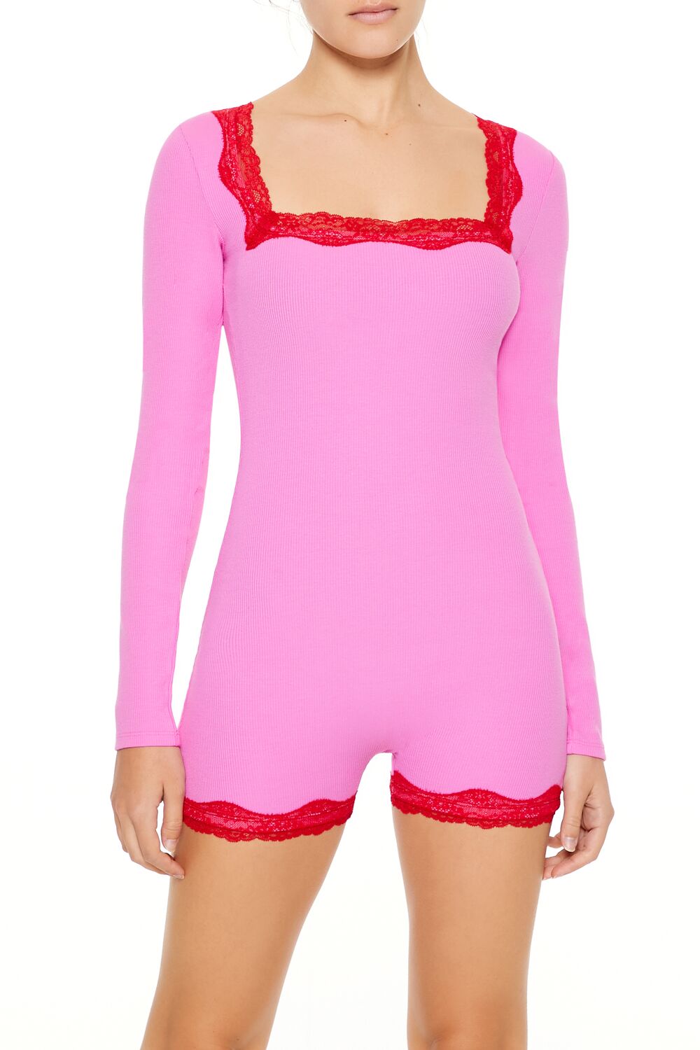  Forever 21 Fitted Lace-Trim Romper - pink-multi - Bonton