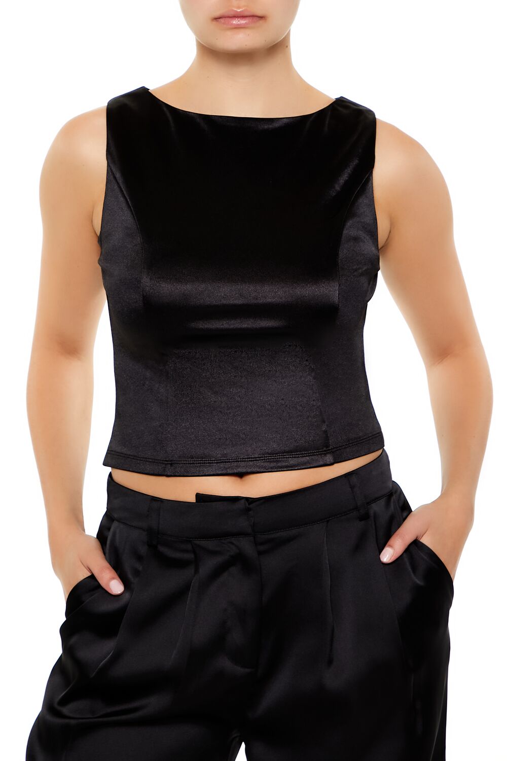  Forever 21 Sleeveless Satin Tank Top - black - Bonton