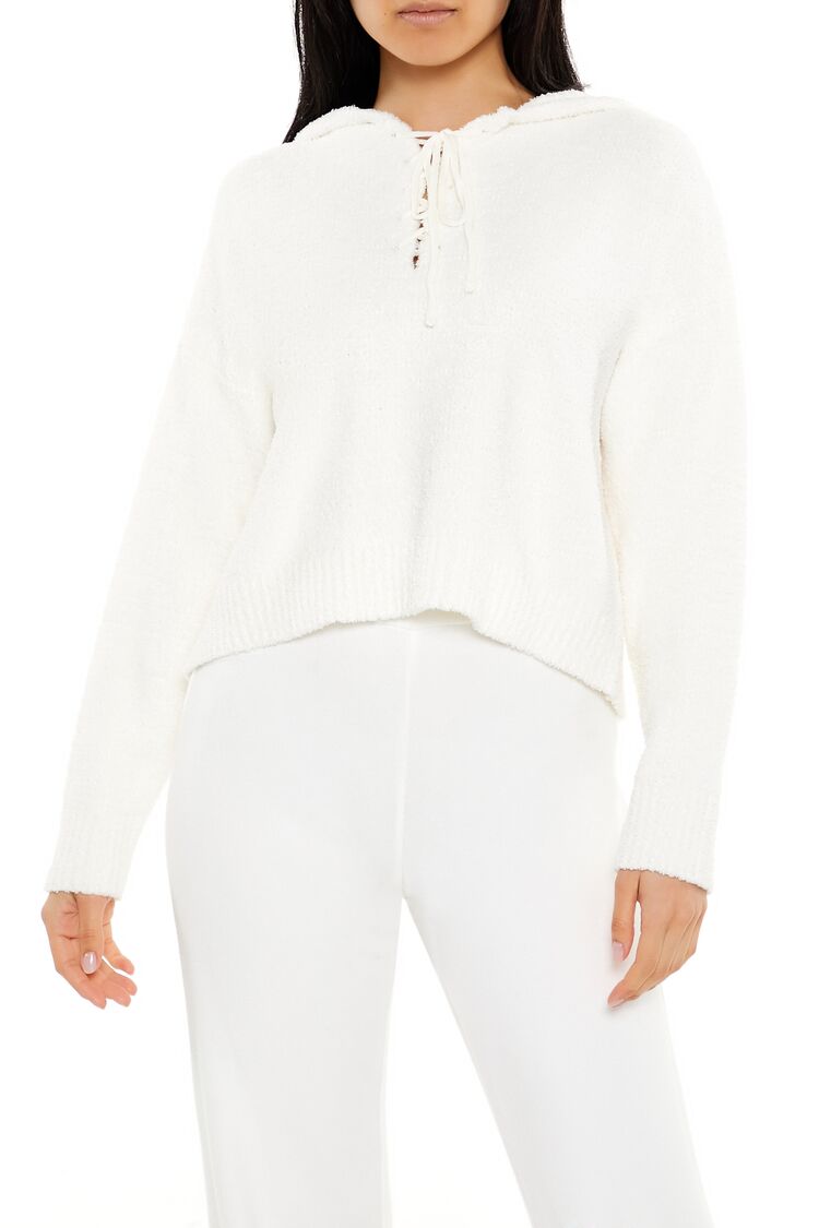  Forever 21 Hooded Lace-Up Sweater - white - Bonton
