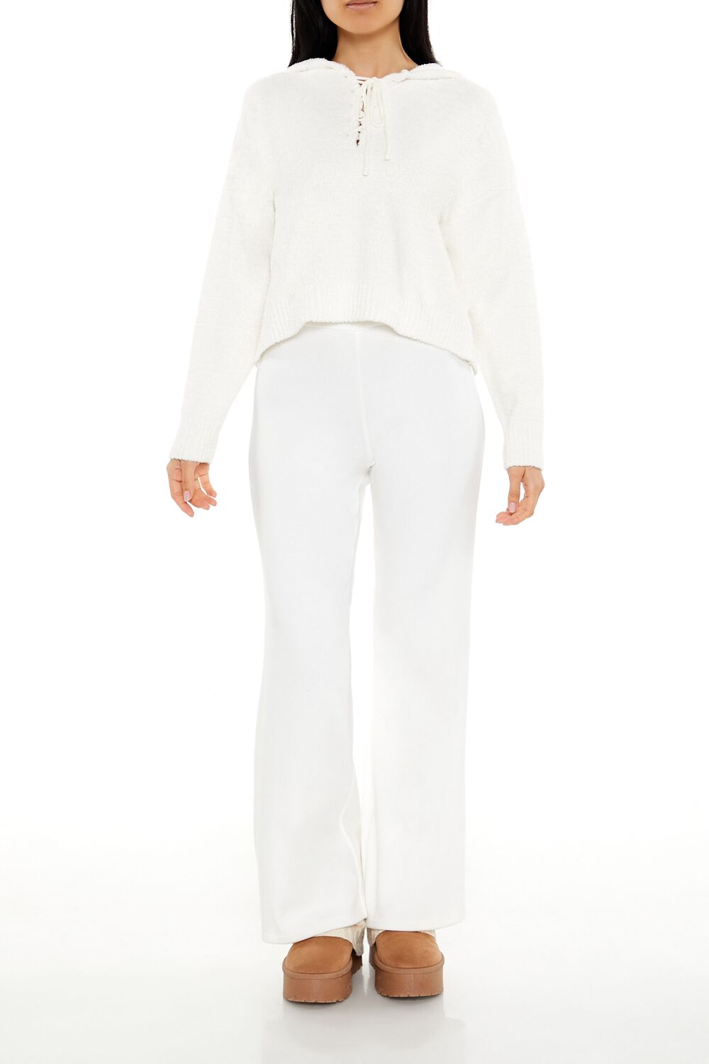  Forever 21 Hooded Lace-Up Sweater - white - Bonton