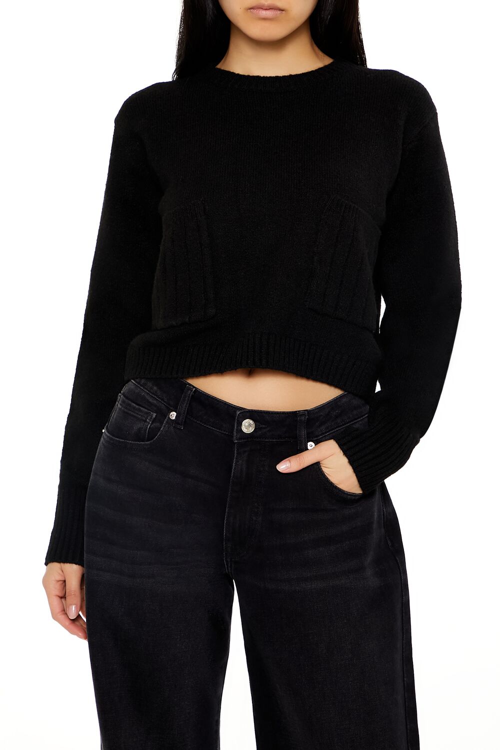  Forever 21 Cropped Crew Sweater - black - Bonton