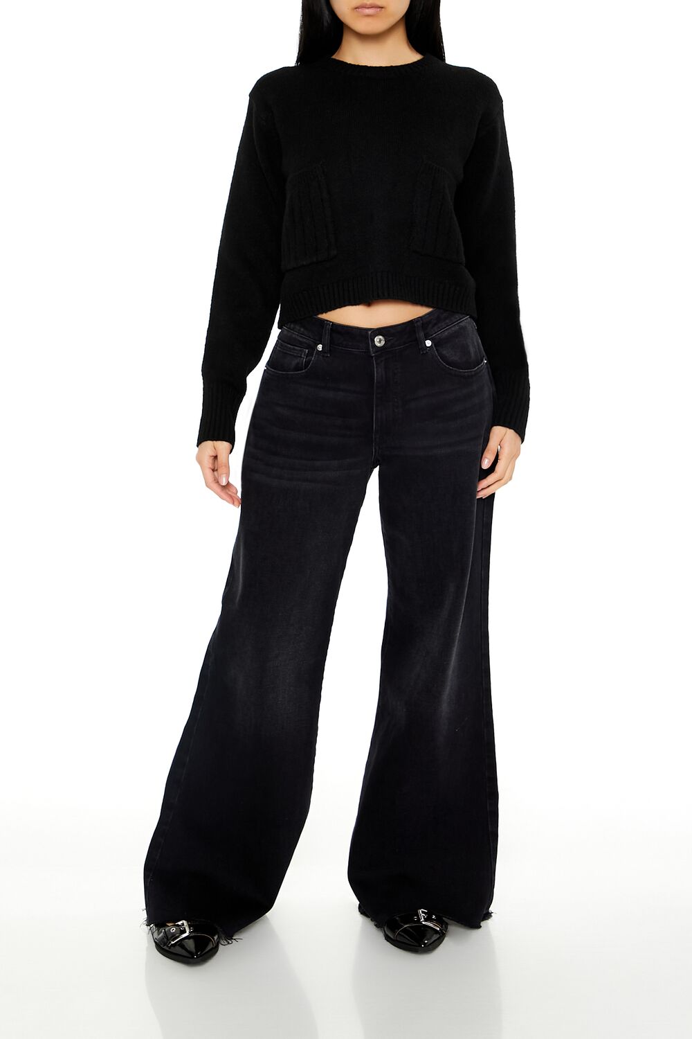  Forever 21 Cropped Crew Sweater - black - Bonton