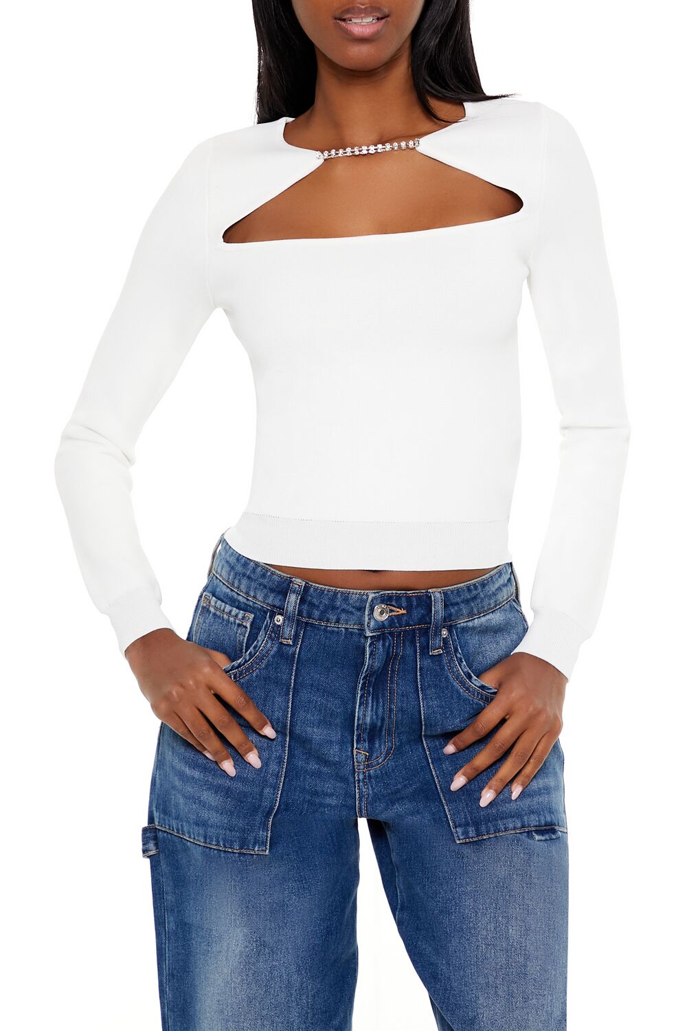  Forever 21 Faux Gem Cutout Sweater - black - Bonton