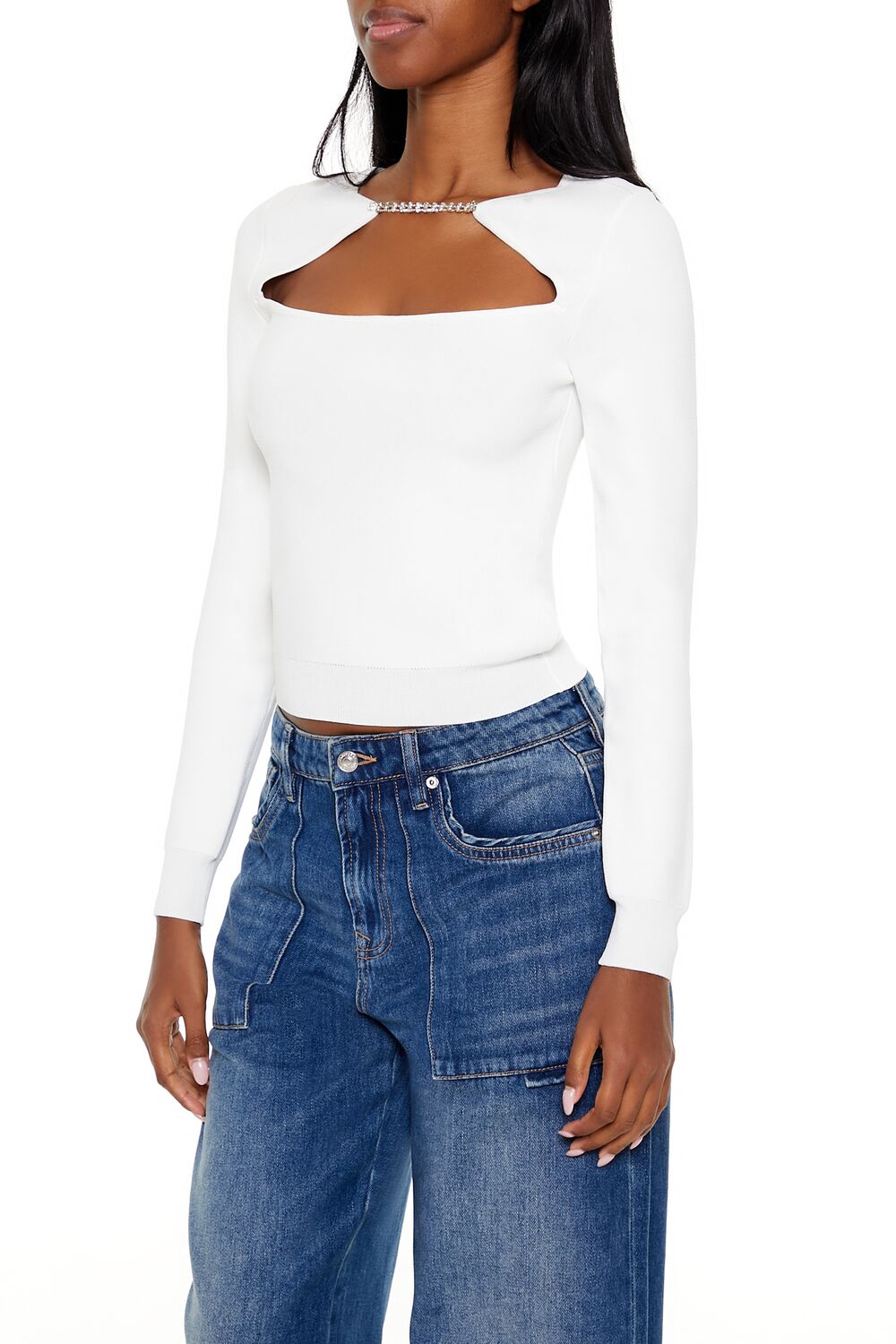  Forever 21 Faux Gem Cutout Sweater - black - Bonton