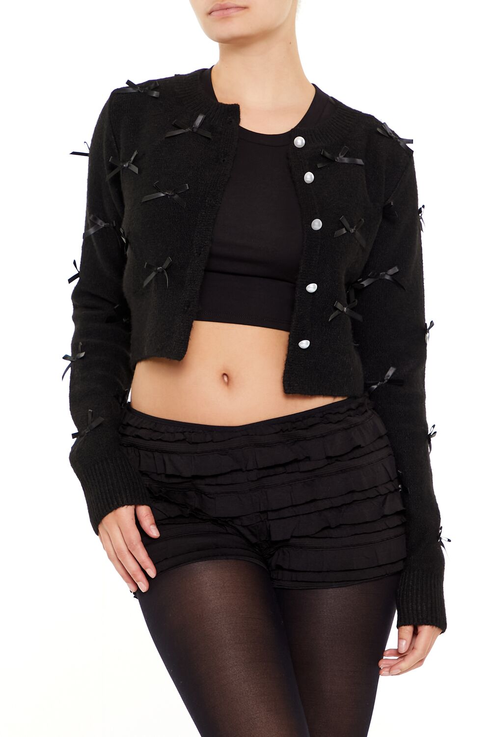  Forever 21 Bow & Faux Pearl Cardigan Sweater - black - Bonton