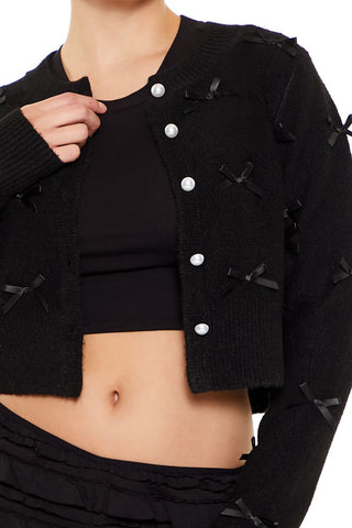 Bow & Faux Pearl Cardigan Sweater