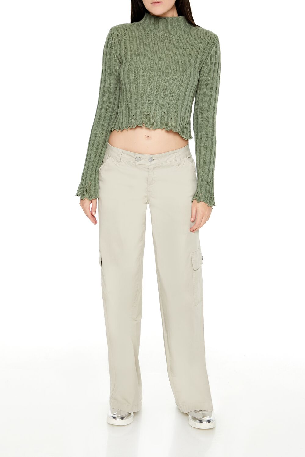  Forever 21 Distressed Mock Neck Sweater - egret - Bonton