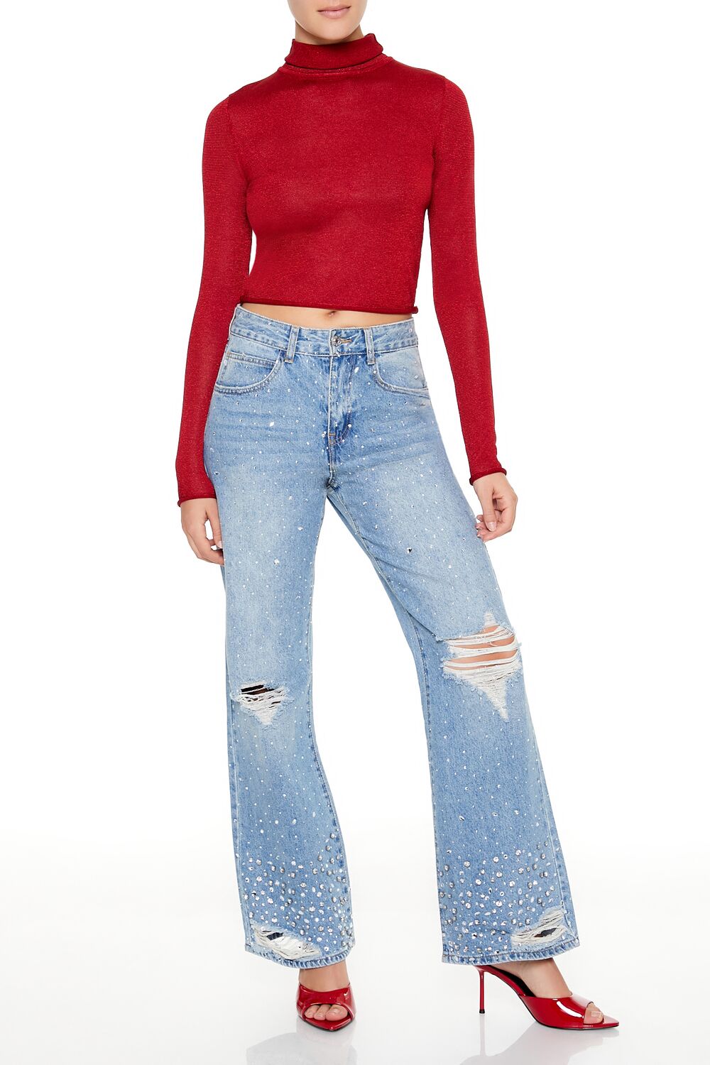  Forever 21 Glitter Knit Turtleneck Crop Top - dark red - Bonton