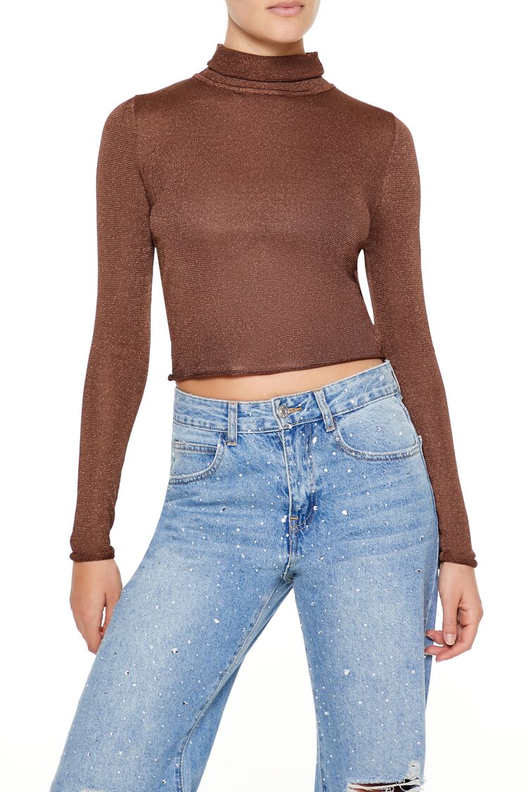  Forever 21 Glitter Knit Turtleneck Crop Top - dark red - Bonton