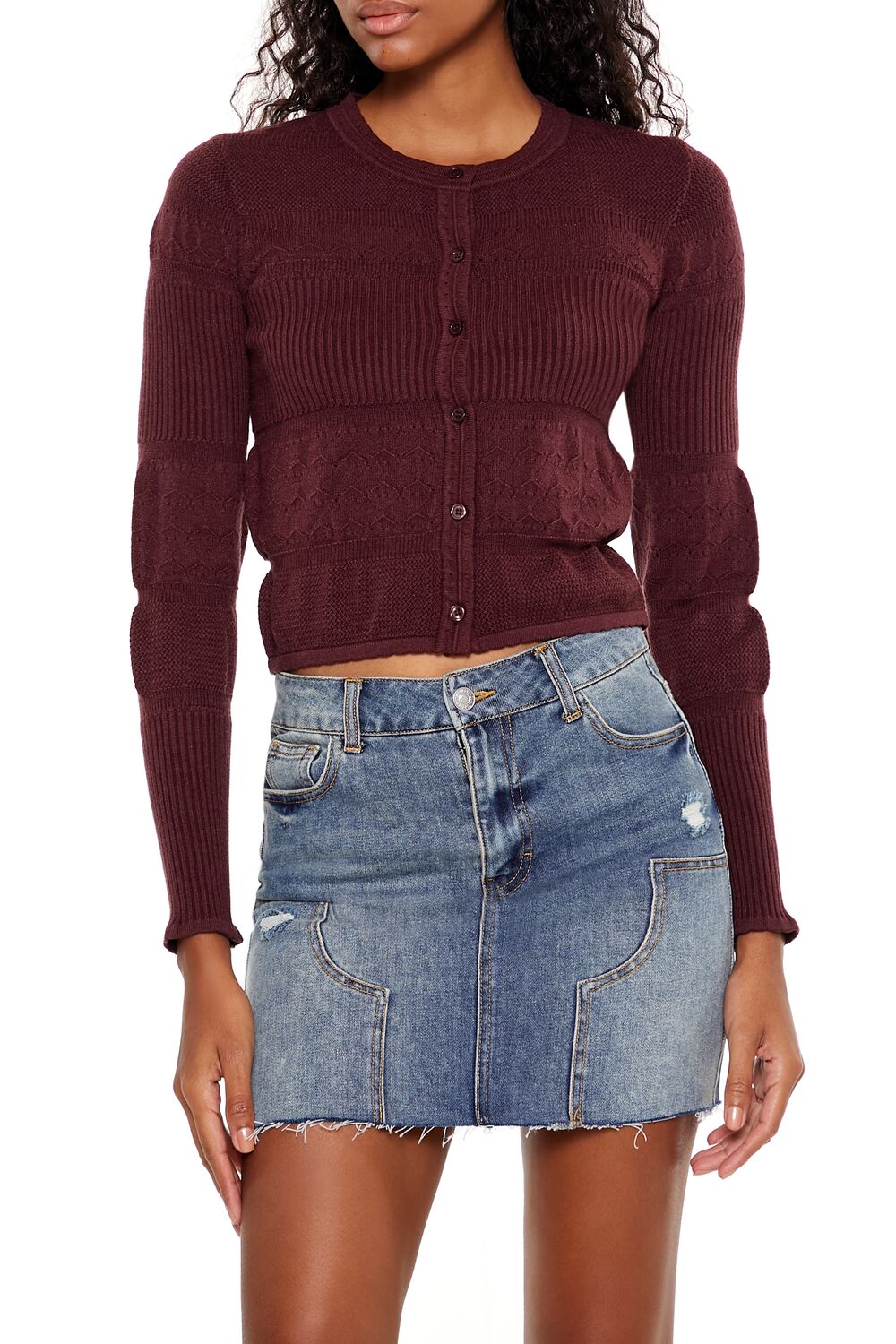  Forever 21 Mixed Knit Cardigan Sweater - merlot - Bonton