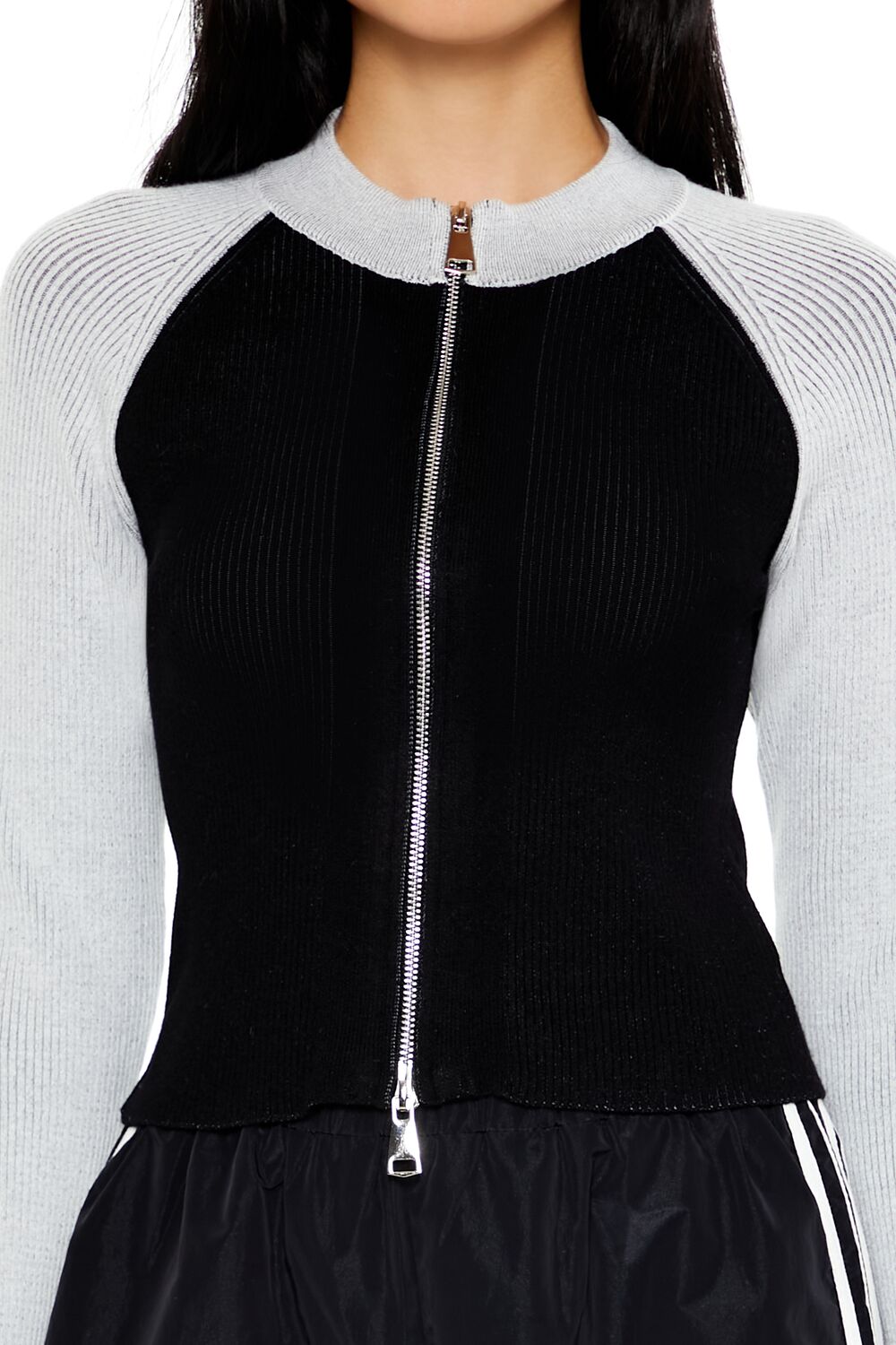 Forever 21 Two-Tone Raglan Zip-Up Sweater - black multi - Bonton