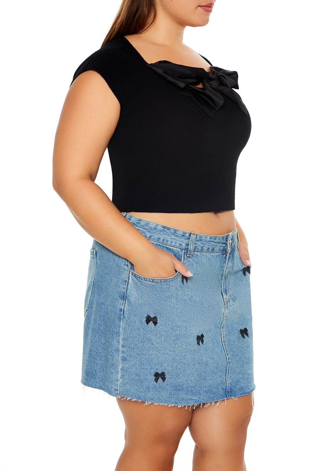  Forever 21 Plus Size Sweater-Knit Bow Crop Top - black - Bonton