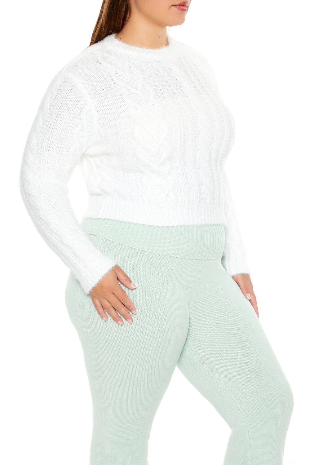  Forever 21 Plus Size Fuzzy Cable Knit Sweater - white - Bonton