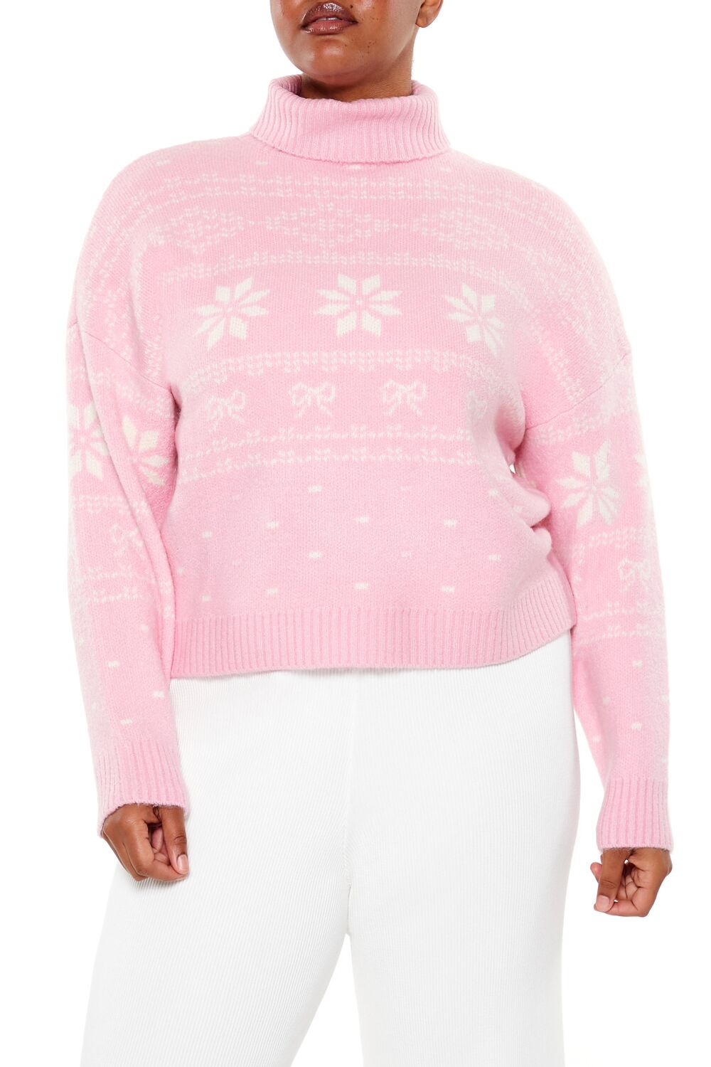  Forever 21 Plus Size Turtleneck Fair Isle Sweater - pink white - Bonton