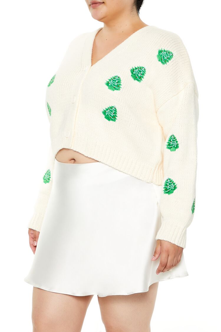  Forever 21 Plus Size Christmas Tree Cardigan Sweater - white green - Bonton