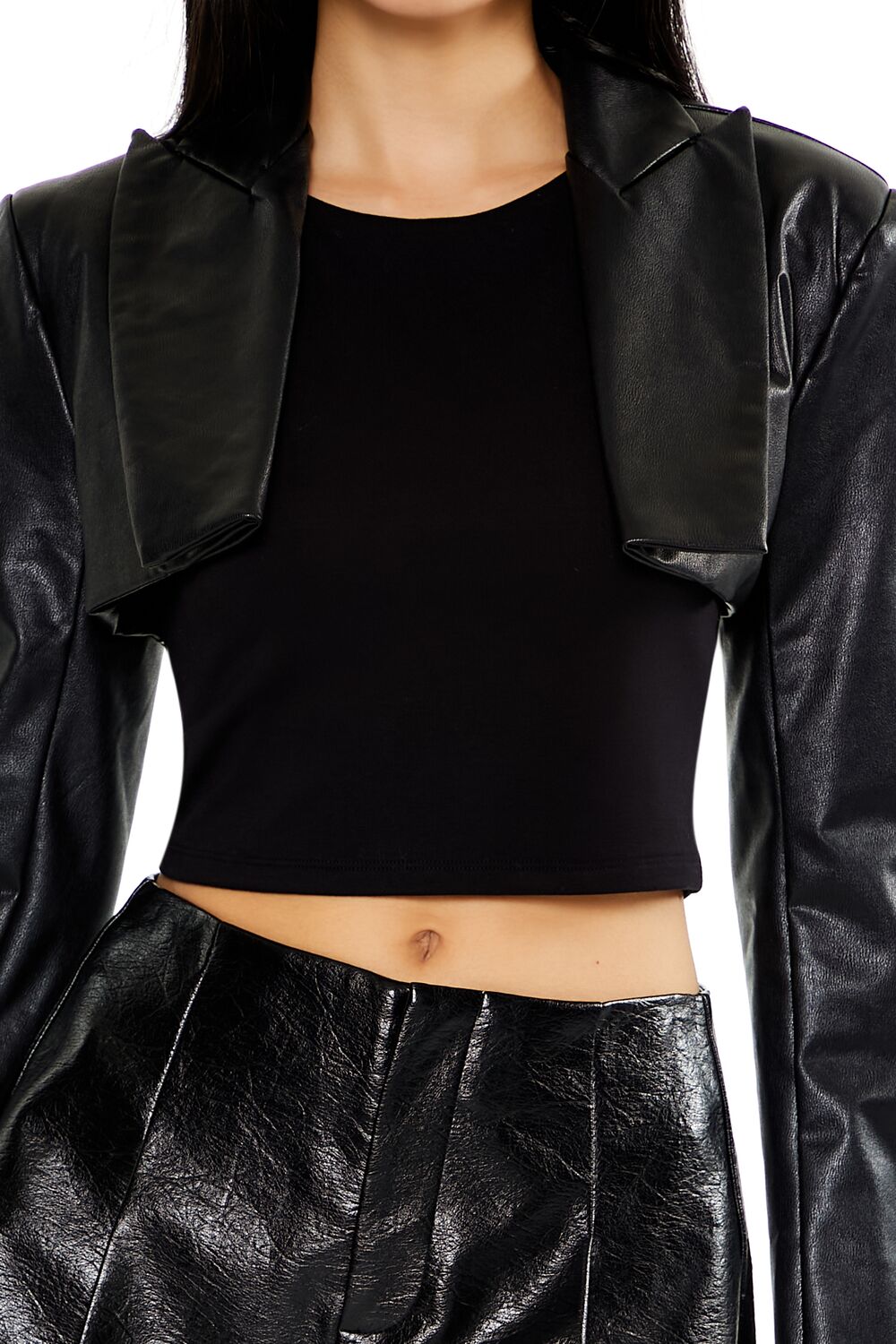  Forever 21 Faux Leather Cropped Blazer - black-swatch - Bonton