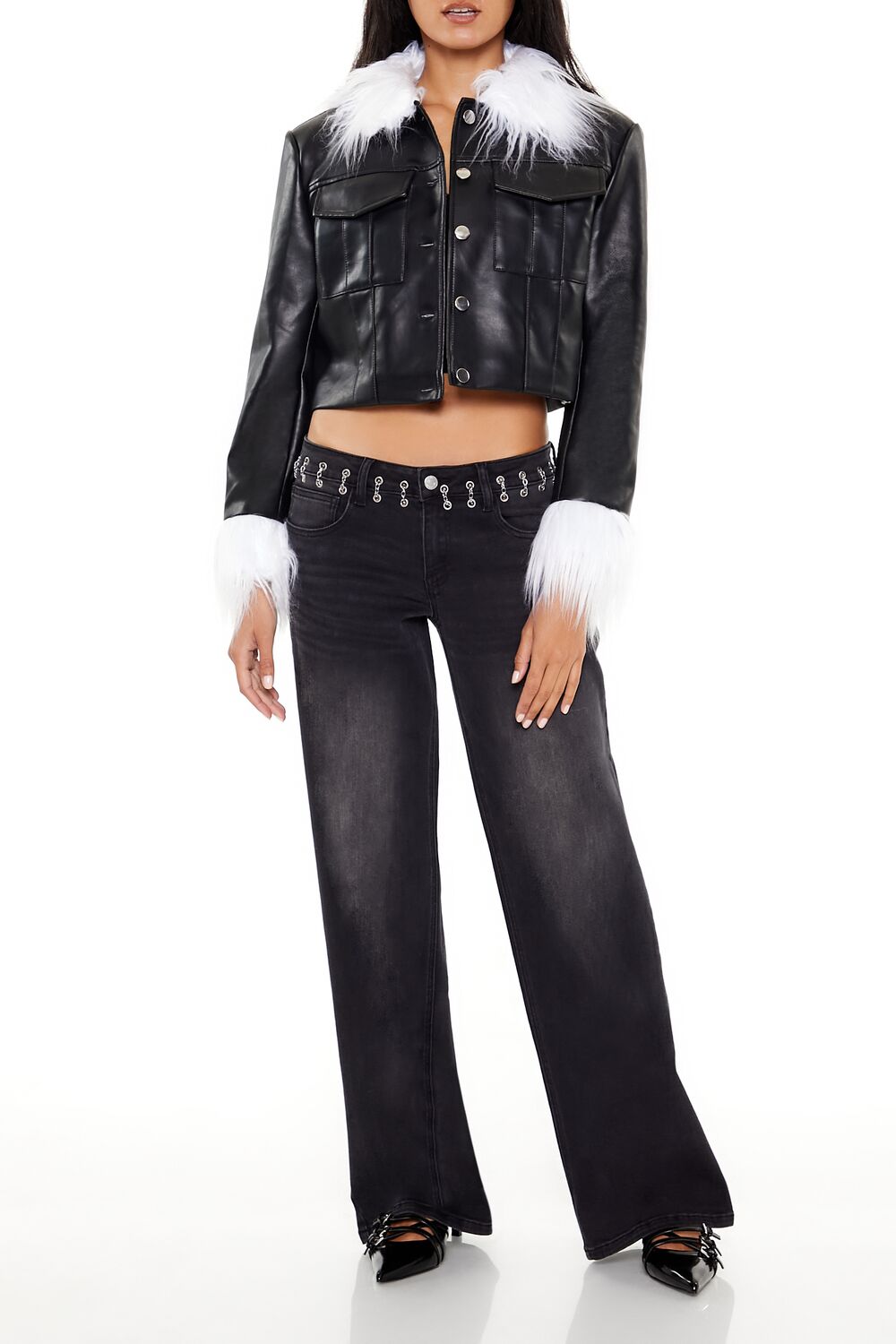  Forever 21 Faux Fur & Leather Trucker Jacket - black-white - Bonton