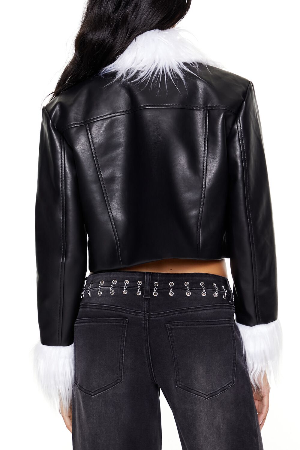  Forever 21 Faux Fur & Leather Trucker Jacket - black-white - Bonton