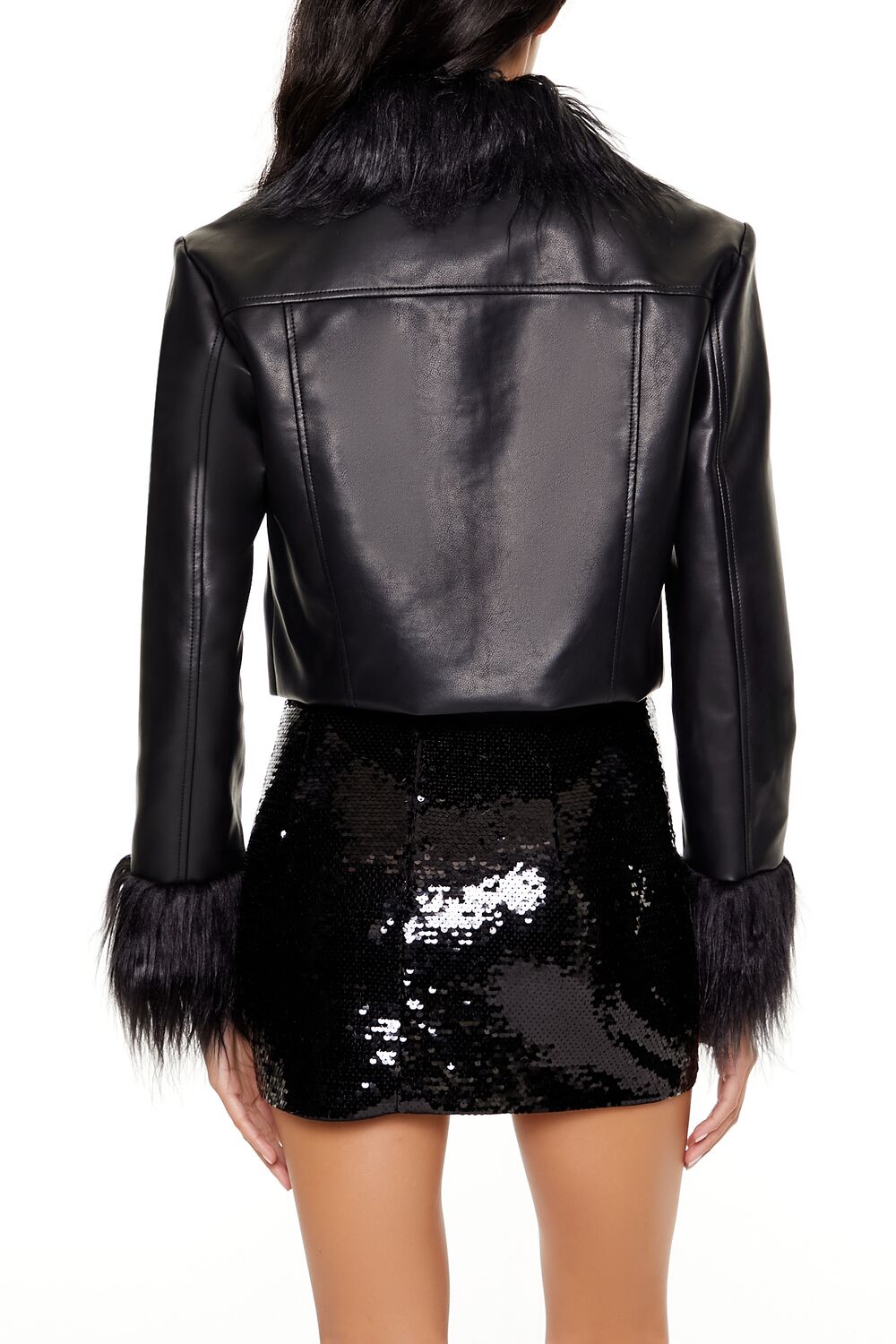  Forever 21 Faux Fur & Leather Trucker Jacket - black-white - Bonton