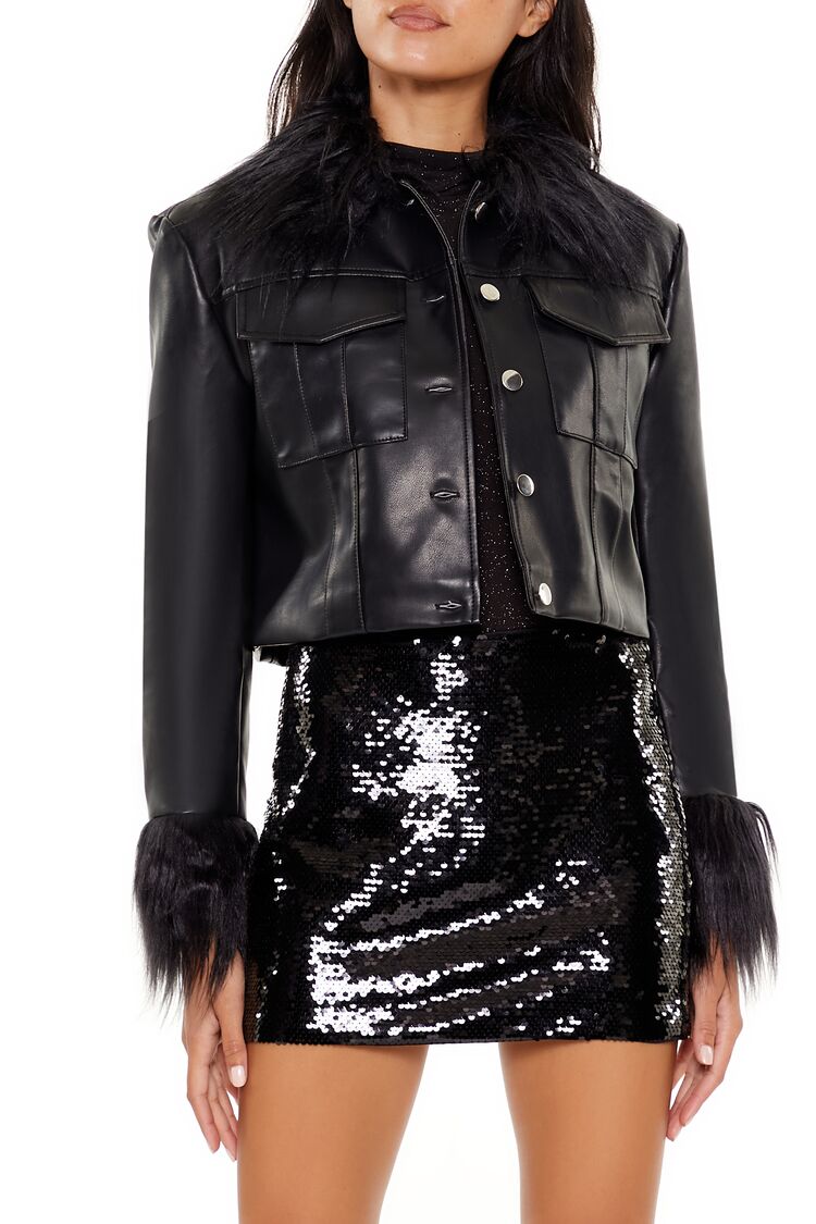 Forever 21 Faux Fur & Leather Trucker Jacket - black-white - Bonton