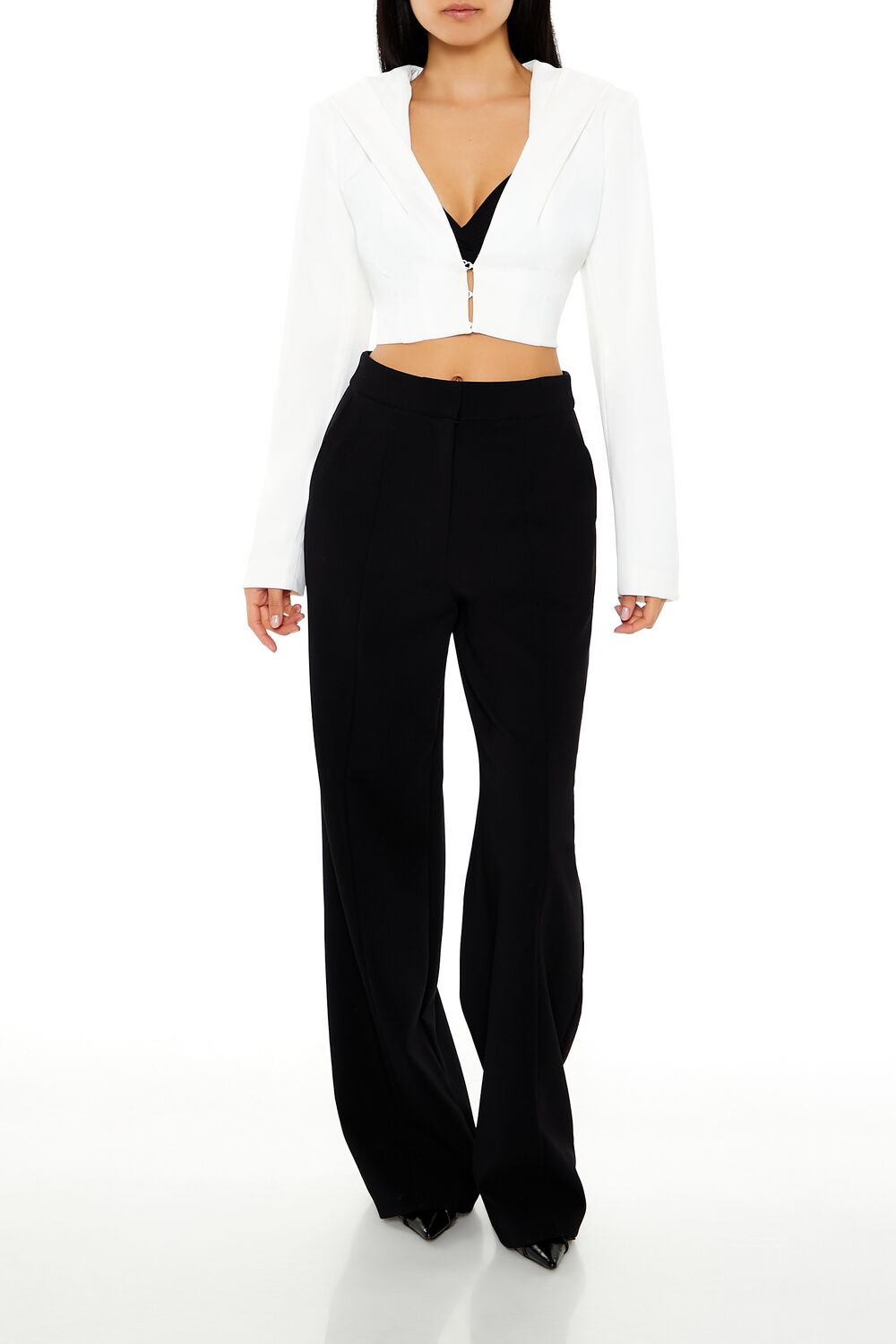  Forever 21 Plunging Hooded Cropped Blazer - white - Bonton