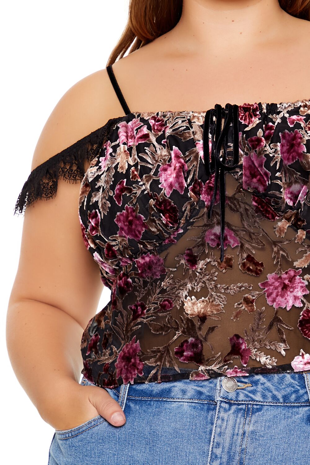 Forever 21 Plus Size Eyelash Lace-Trim Floral Crop Top - black multi - Bonton