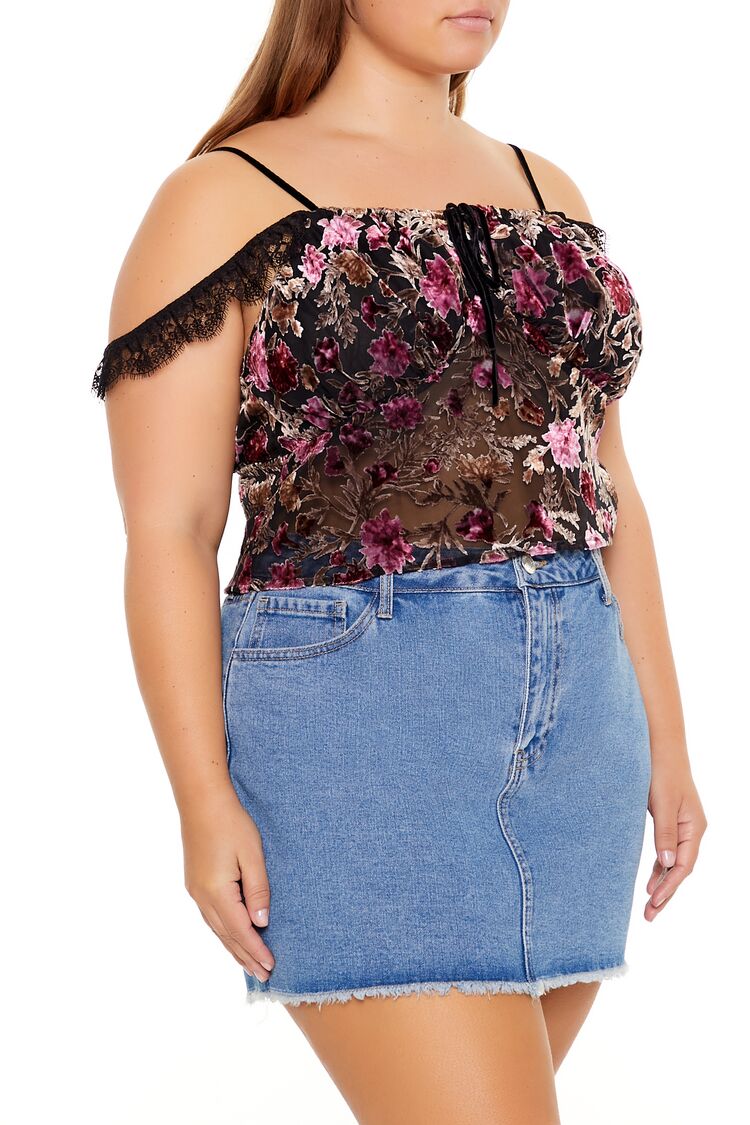  Forever 21 Plus Size Eyelash Lace-Trim Floral Crop Top - black multi - Bonton
