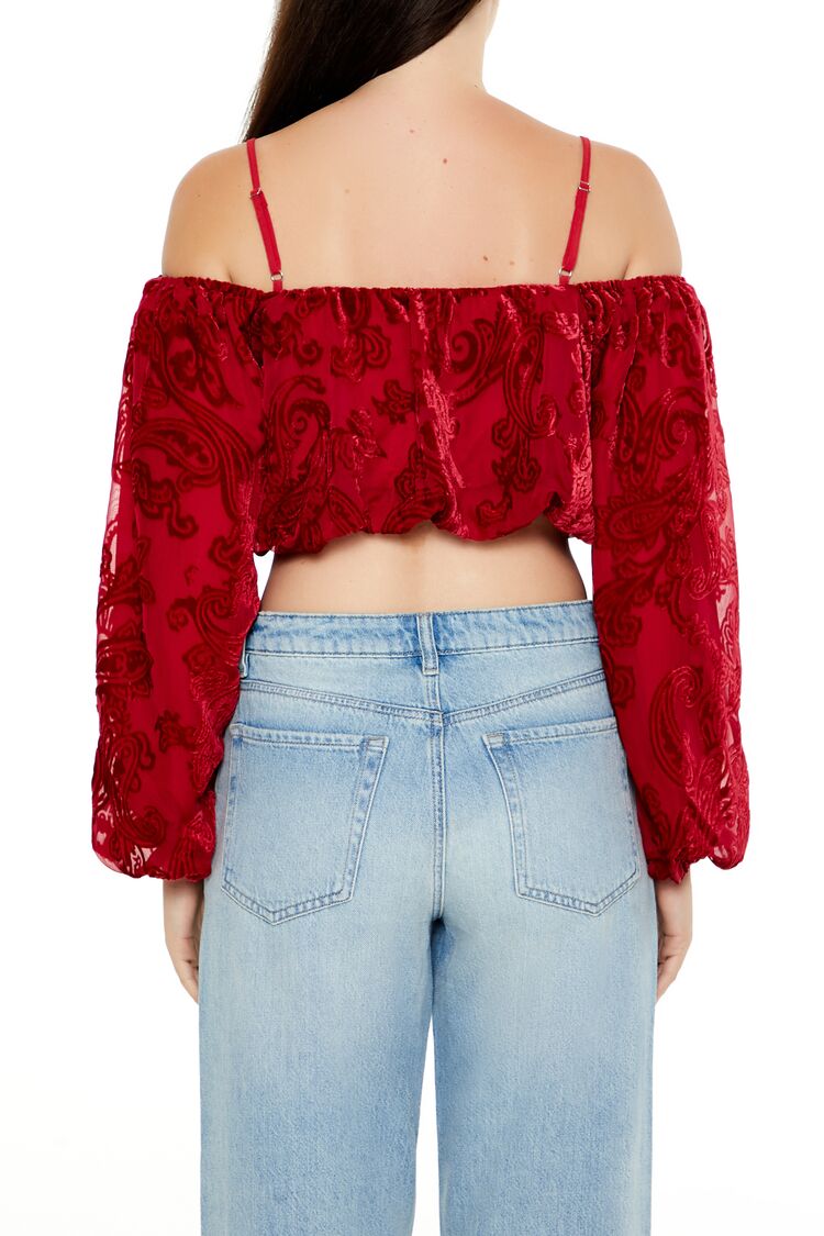  Forever 21 Paisley Open-Shoulder Crop Top - dark red - Bonton
