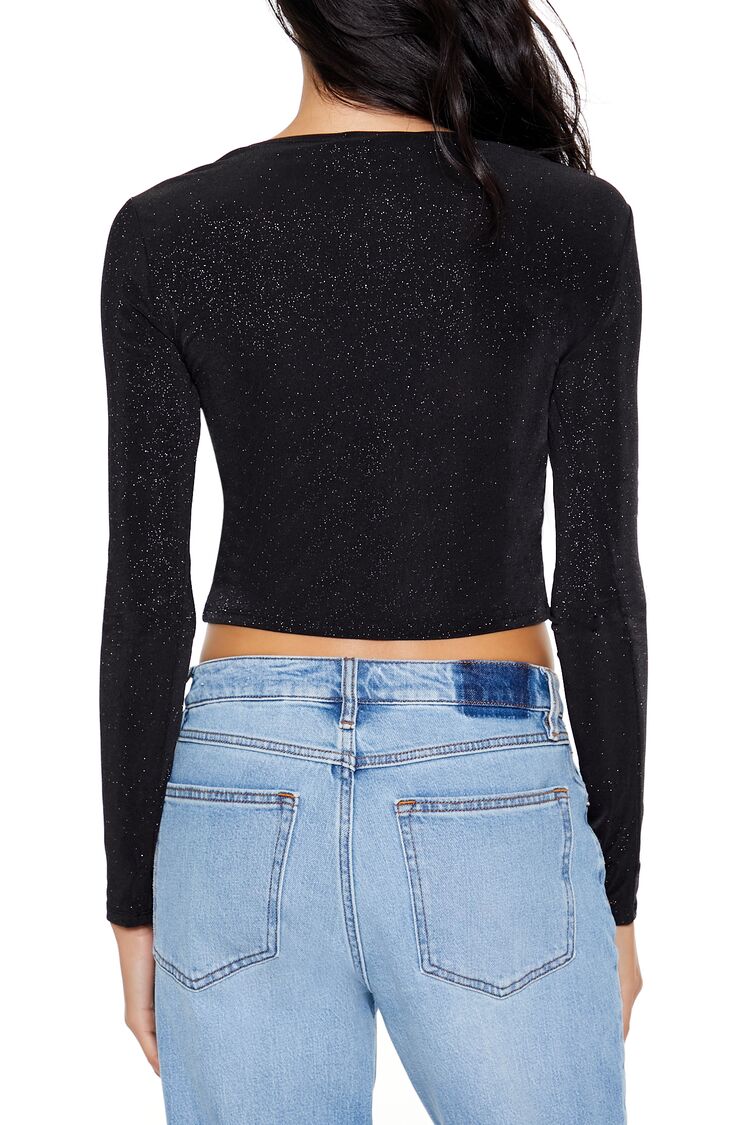  Forever 21 Glitter Knit Button-Up Crop Top - black - Bonton