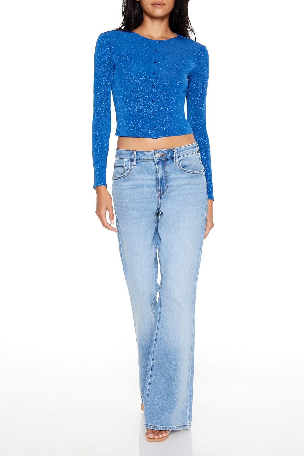  Forever 21 Glitter Knit Button-Up Crop Top - black - Bonton