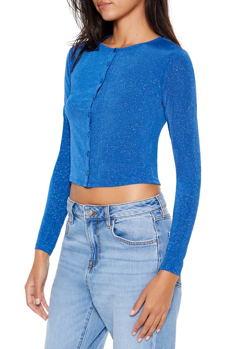  Forever 21 Glitter Knit Button-Up Crop Top - black - Bonton