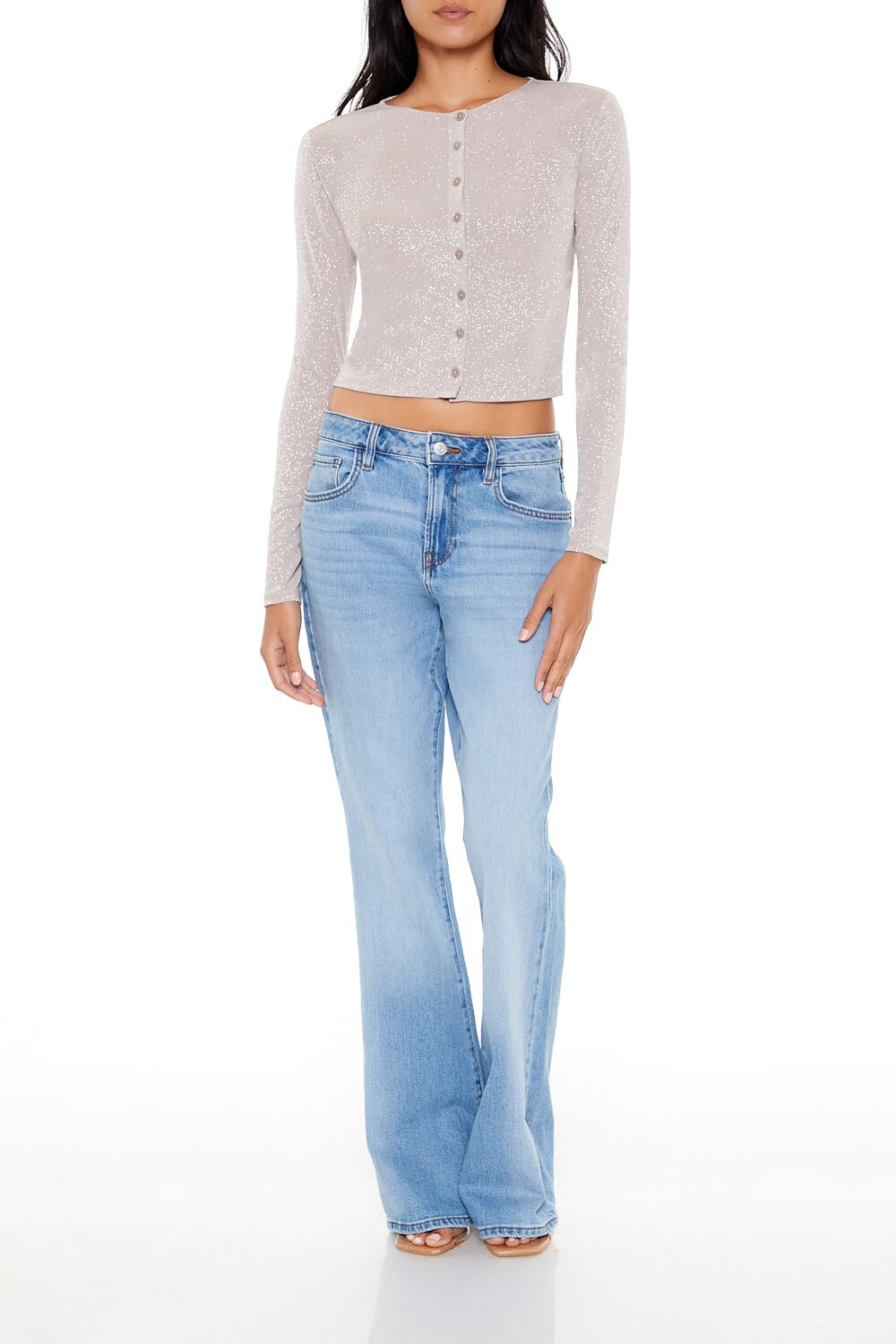  Forever 21 Glitter Knit Button-Up Crop Top - black - Bonton