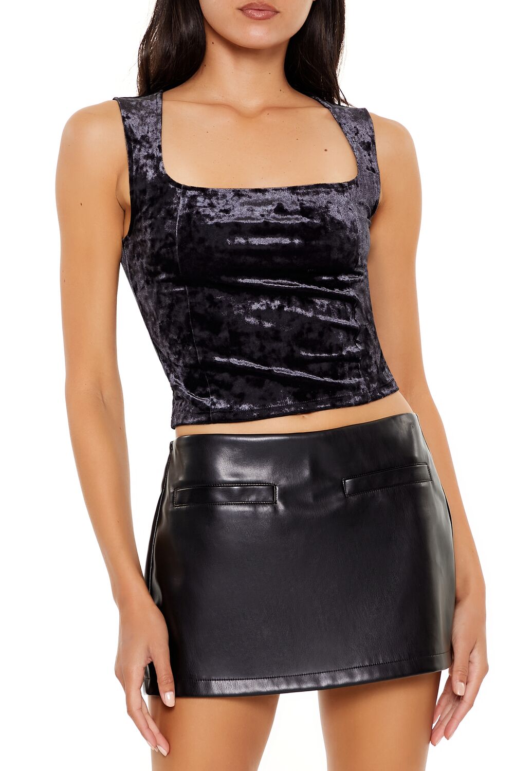  Forever 21 Crushed Velvet Crop Top - black - Bonton