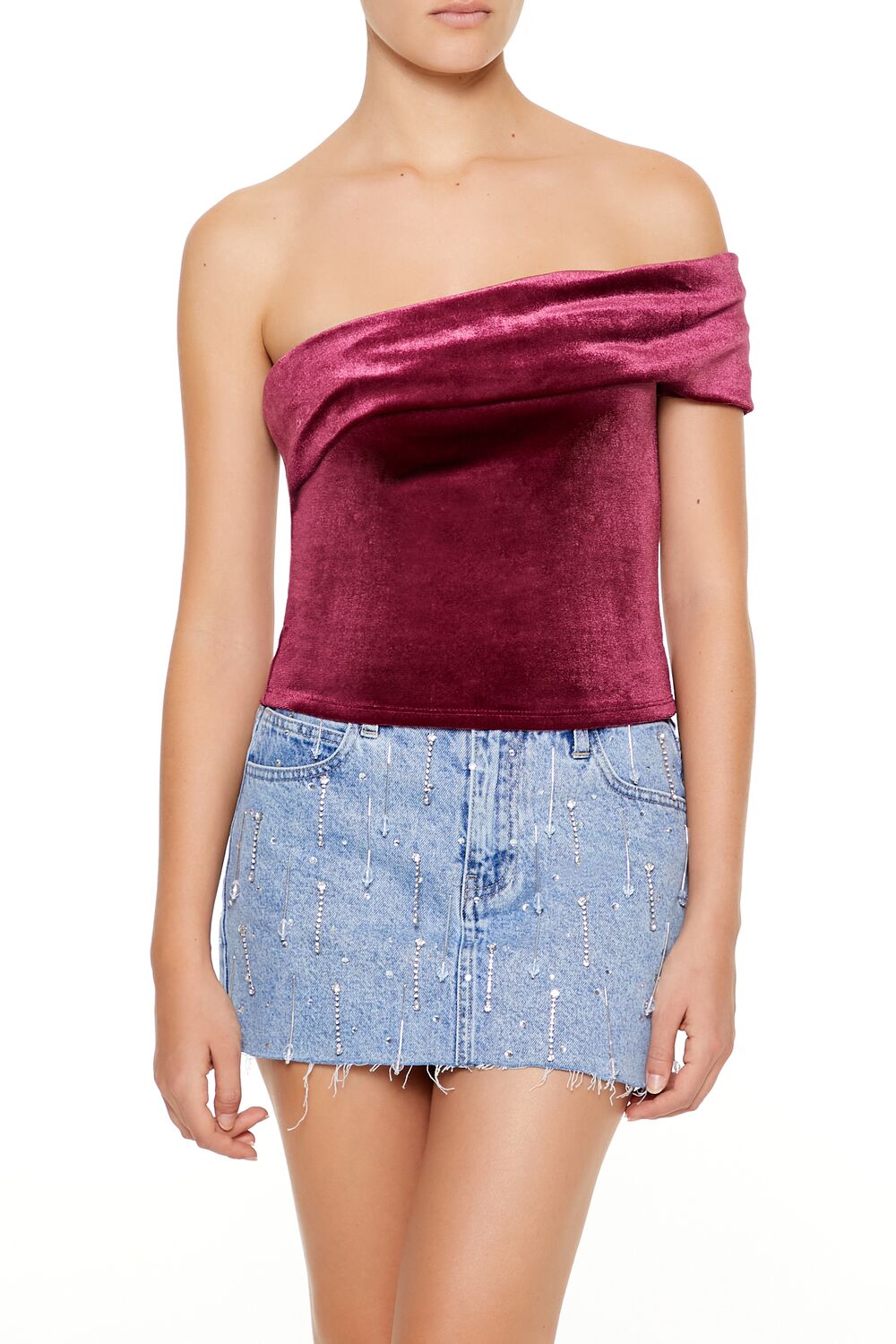  Forever 21 Velvet One-Shoulder Crop Top - black - Bonton