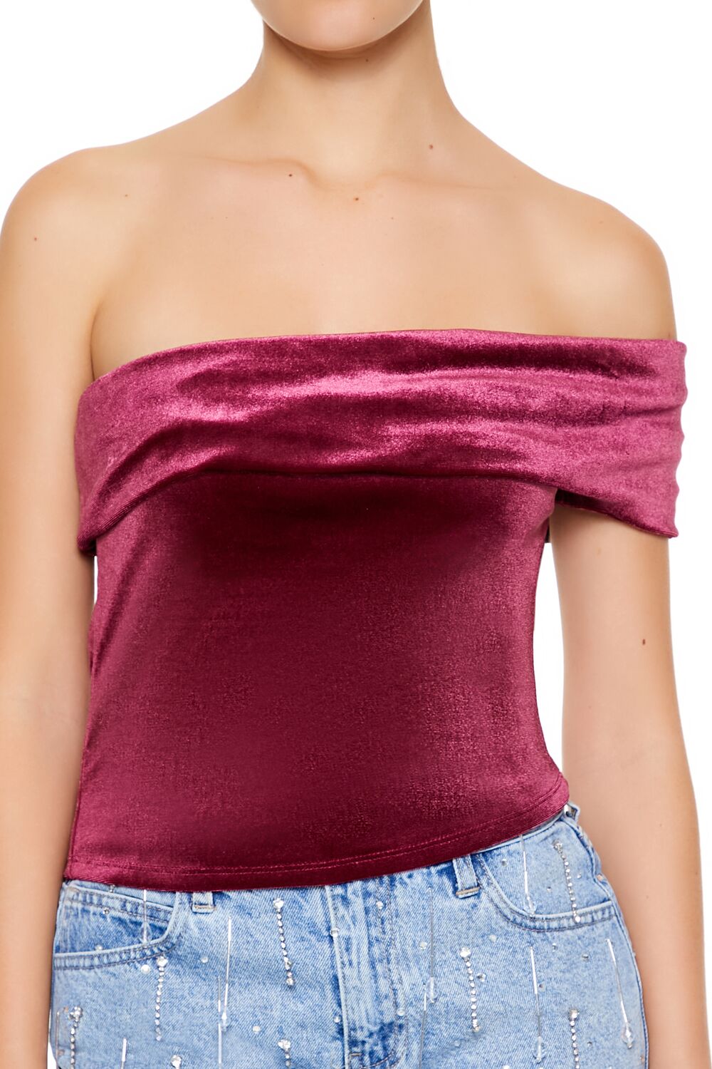  Forever 21 Velvet One-Shoulder Crop Top - black - Bonton