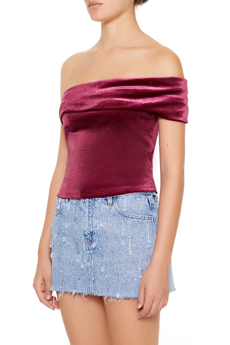  Forever 21 Velvet One-Shoulder Crop Top - black - Bonton