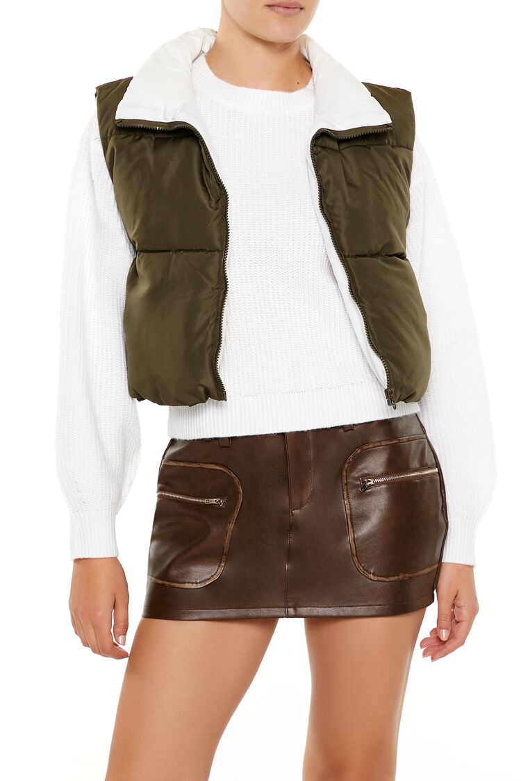  Forever 21 Quilted Cropped Zip-Up Vest - olivine-swatch - Bonton