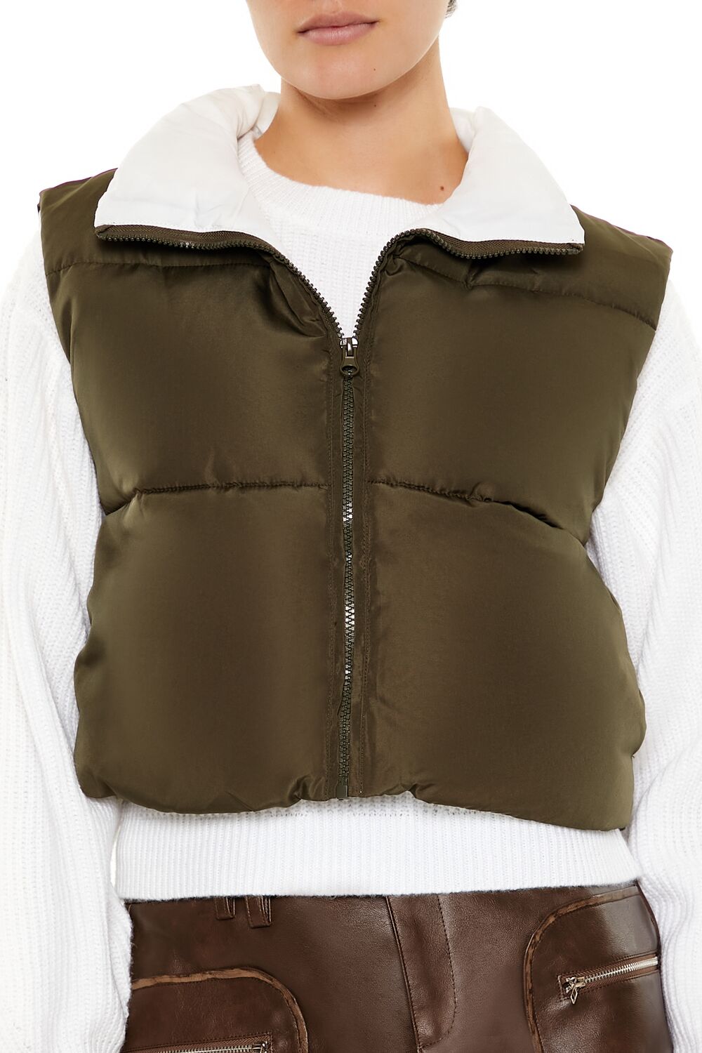  Forever 21 Quilted Cropped Zip-Up Vest - olivine-swatch - Bonton