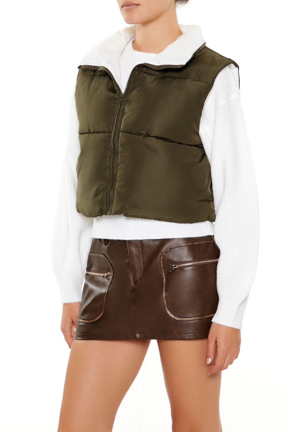  Forever 21 Quilted Cropped Zip-Up Vest - olivine-swatch - Bonton