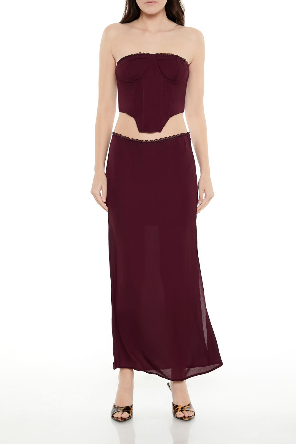  Forever 21 Lace-Trim Bustier Tube Crop Top - burgundy - Bonton