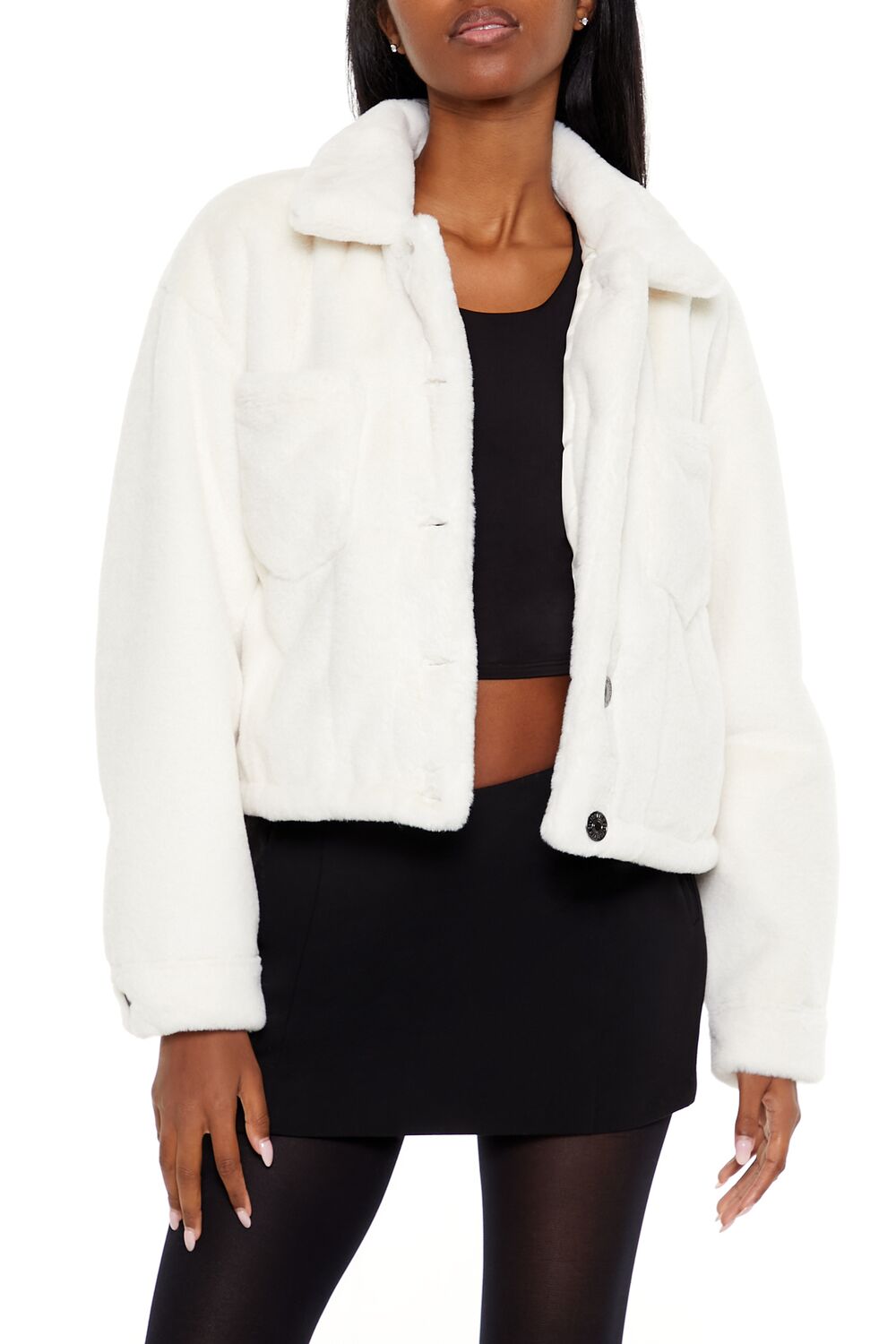  Forever 21 Faux Fur Cropped Shacket - egret-swatch - Bonton