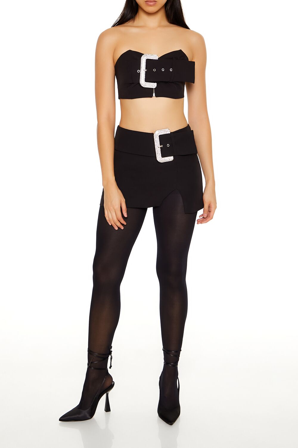  Forever 21 Rhinestone Buckle Tube Crop Top - black - Bonton