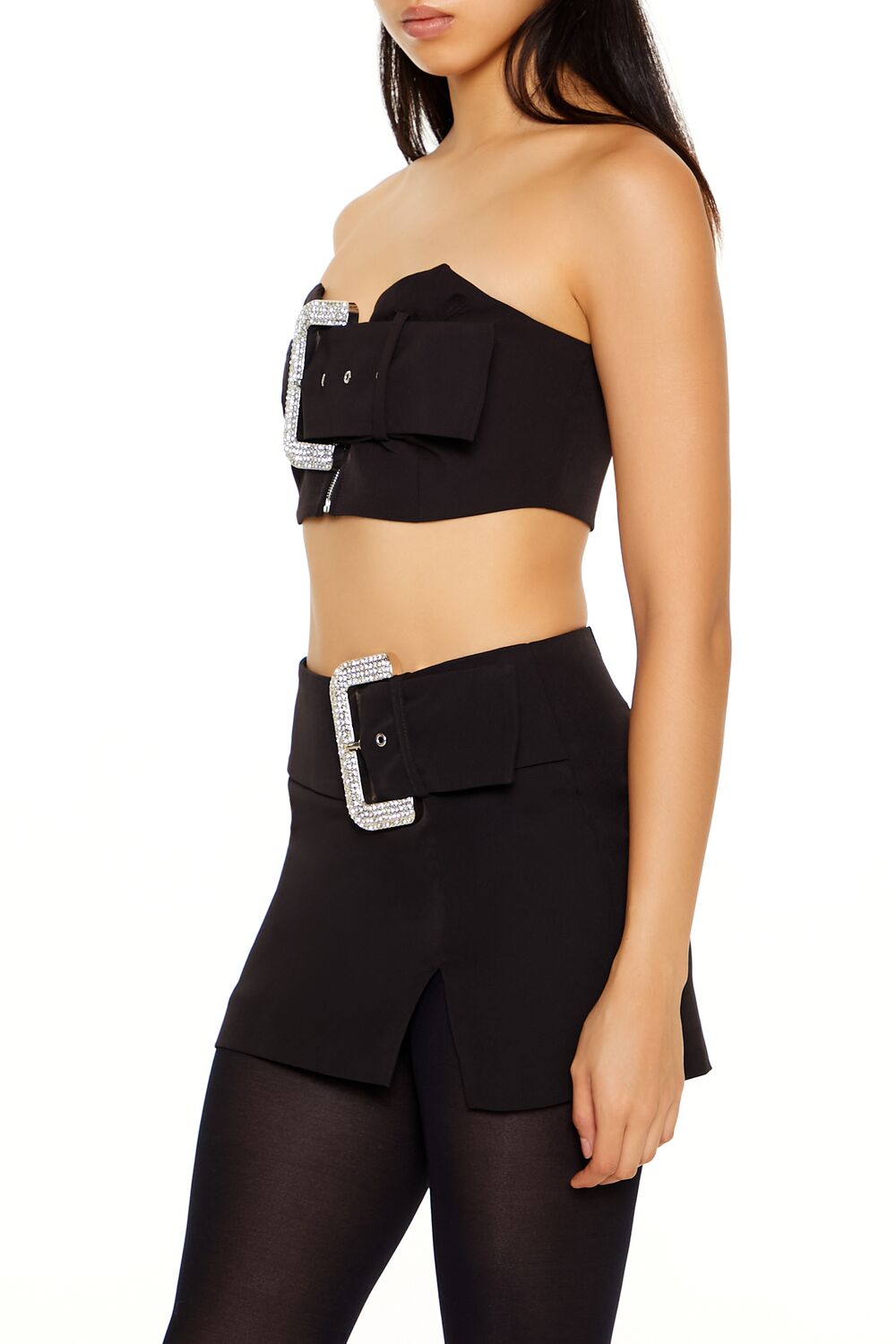  Forever 21 Rhinestone Buckle Tube Crop Top - black - Bonton