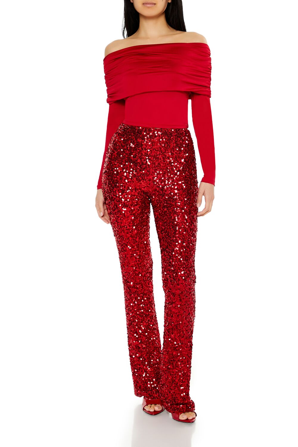  Forever 21 Sequin Mid-Rise Flare Pants - red - Bonton