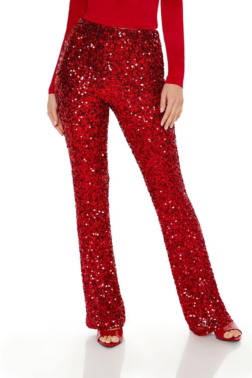  Forever 21 Sequin Mid-Rise Flare Pants - red - Bonton