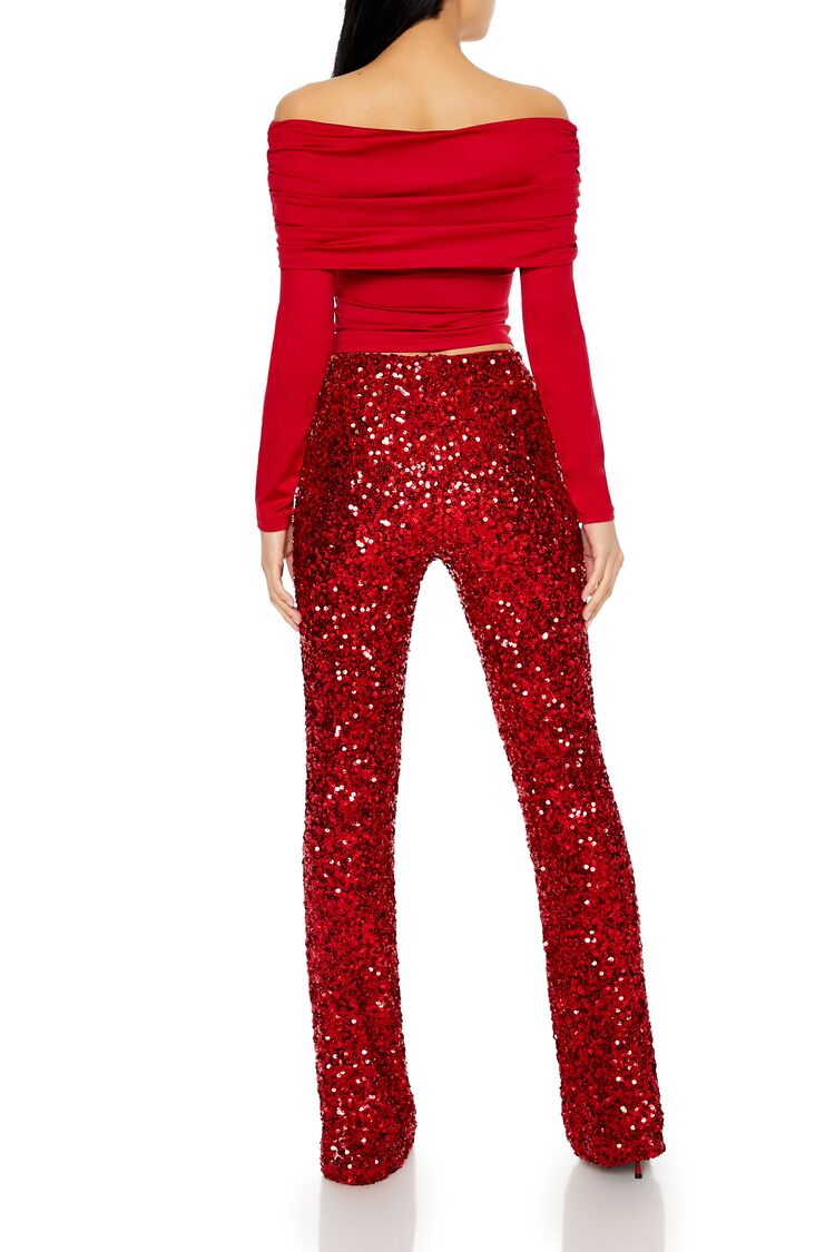  Forever 21 Sequin Mid-Rise Flare Pants - red - Bonton