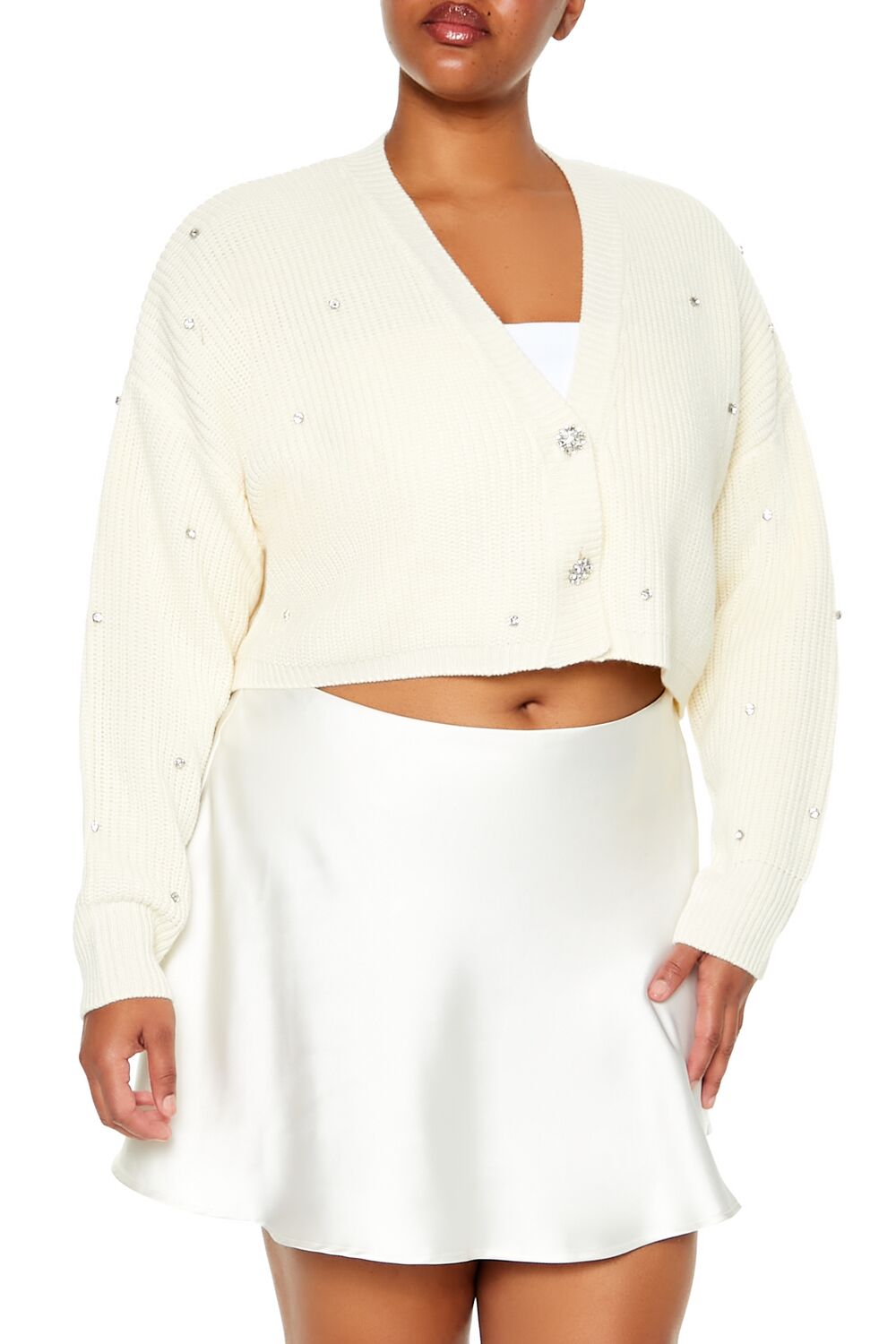  Forever 21 Plus Size Rhinestone Cardigan Sweater - egret - Bonton