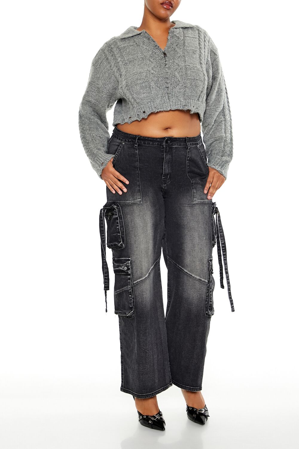  Forever 21 Plus Size Cable Knit Cropped Sweater - dark grey - Bonton