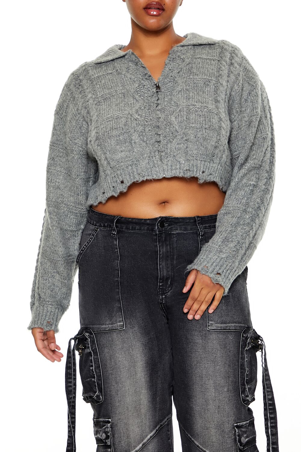  Forever 21 Plus Size Cable Knit Cropped Sweater - dark grey - Bonton