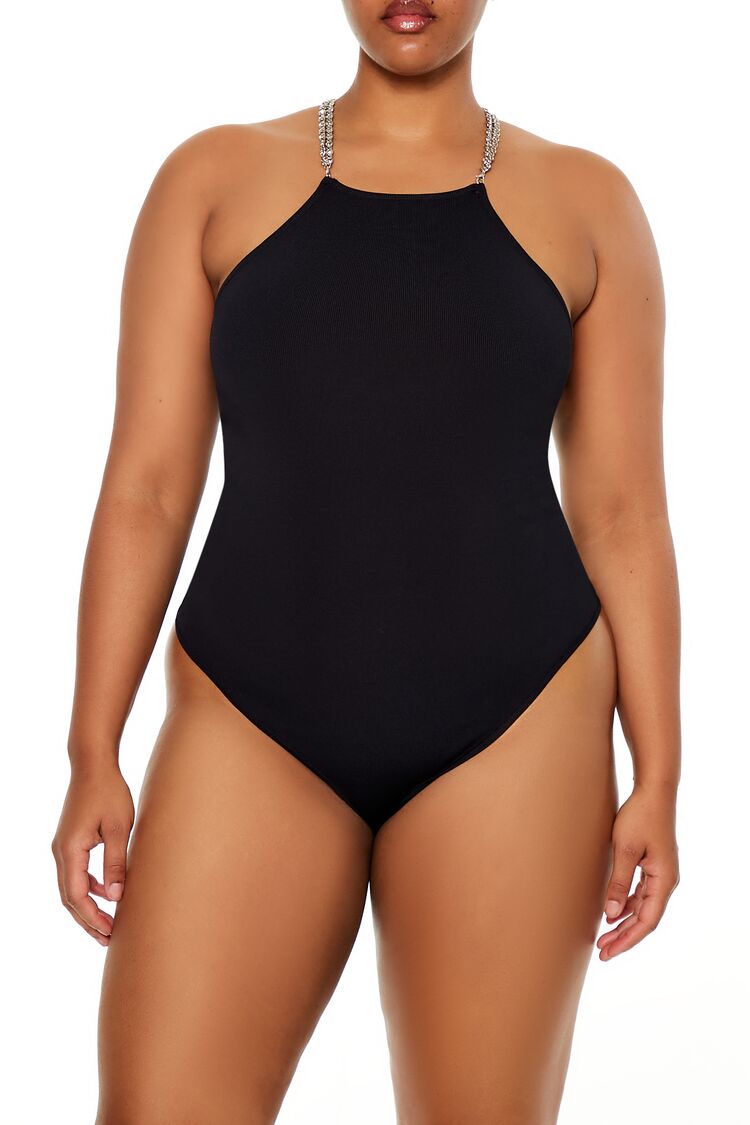  Forever 21 Plus Size Faux Gem Sweater-Knit Bodysuit - black - Bonton